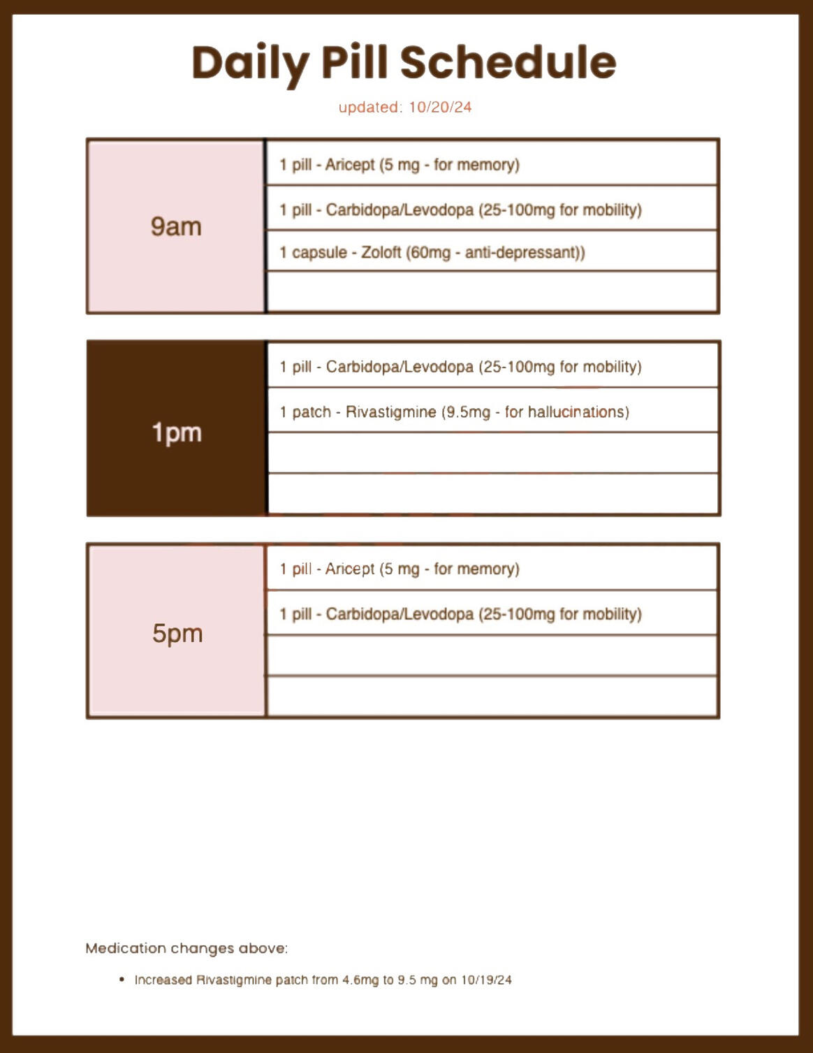 Free Daily Pill Schedule template for Lewy Body Dementia caregivers