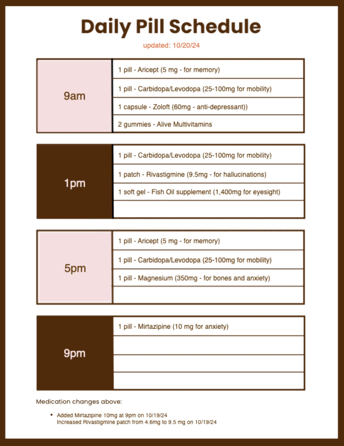 Free Daily Pill Schedule template for Lewy Body Dementia caregivers
